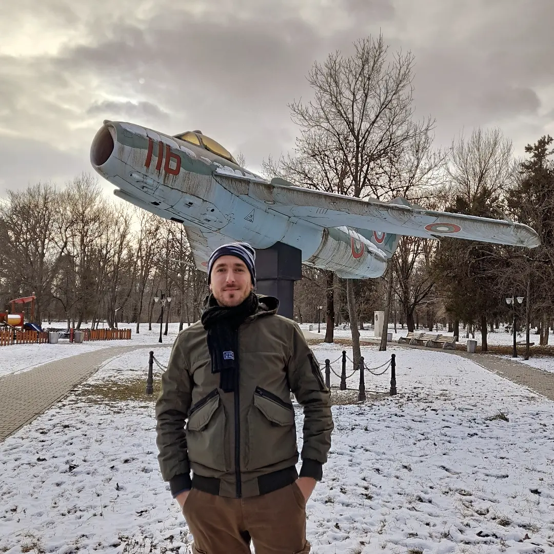 In front of a MiG-17 displayed in a Bulgarian park
