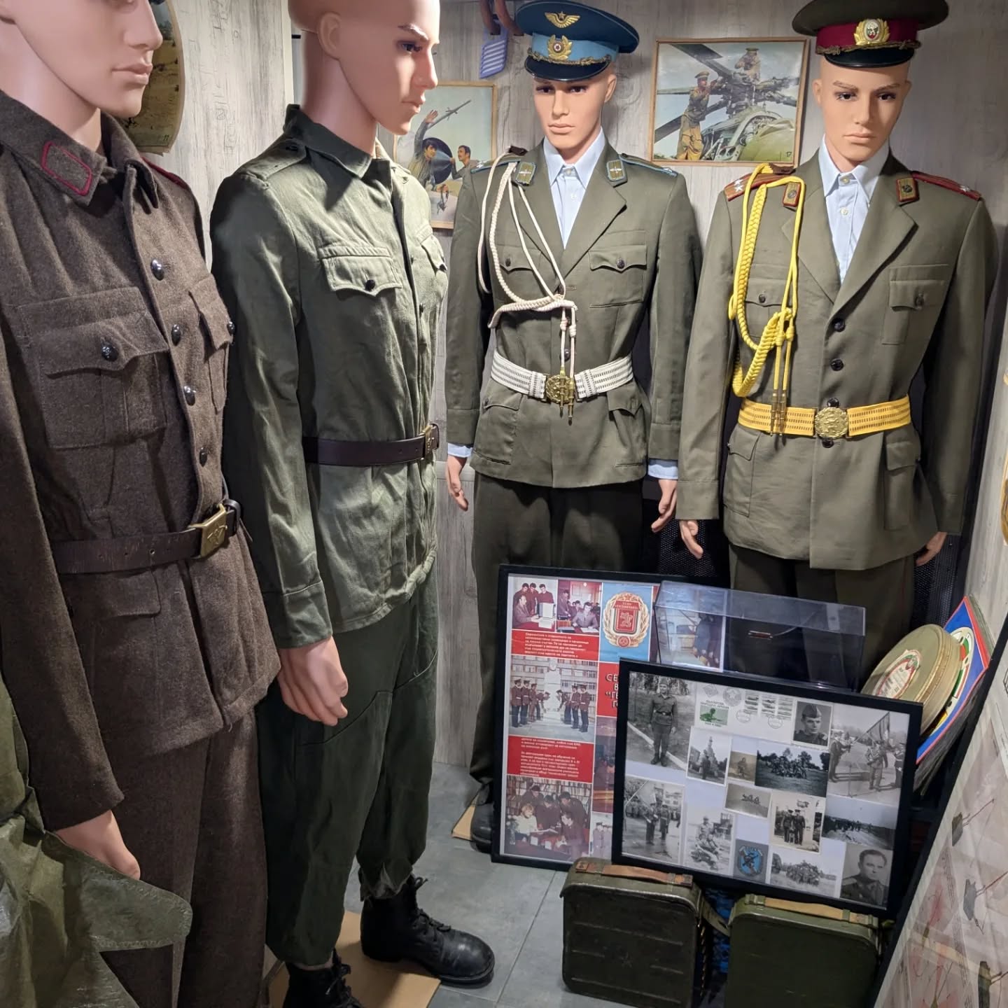 Bulgarian People's Army uniforms displayed in the Sofia exhibition space