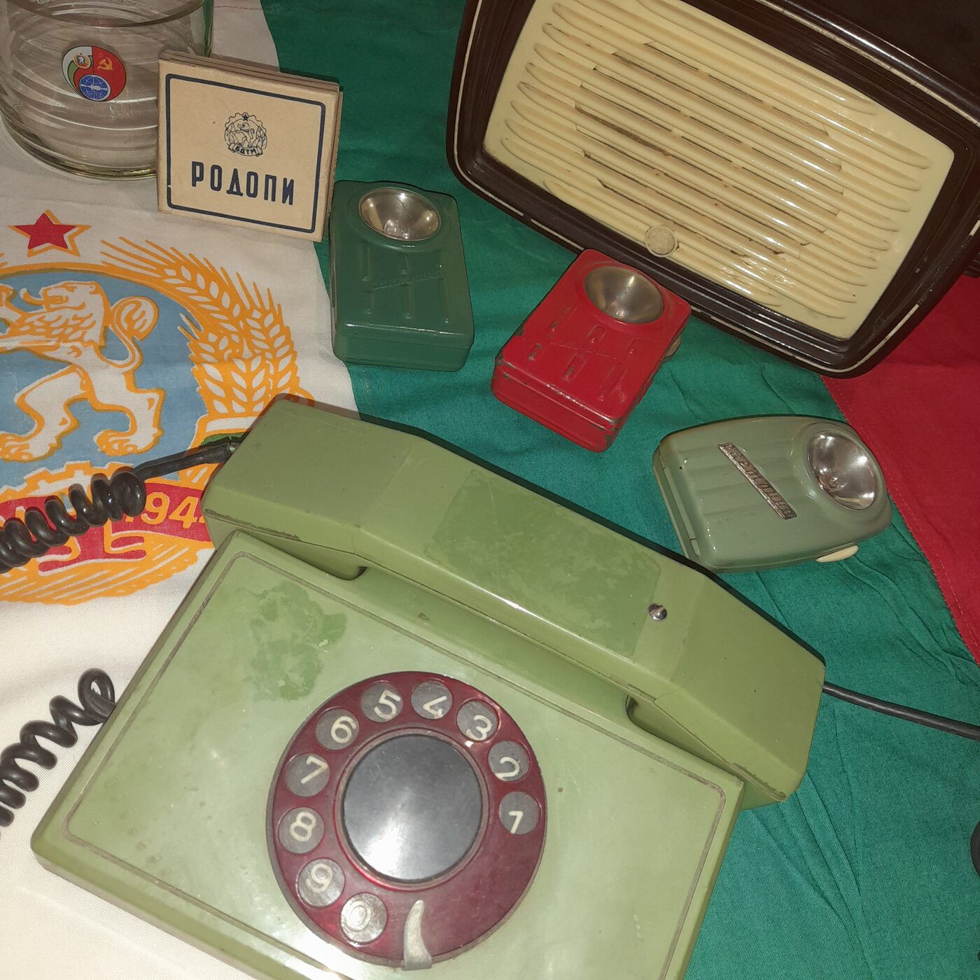 Dial telephone, Bakelite set, torches and glass engraved with the emblems of the socialist countries